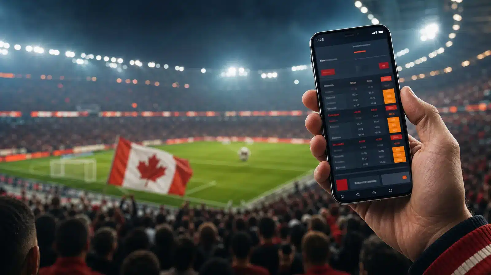 Best Betting Sites in Canada Canadian fan holding a phone with a sports betting slip during a live soccer match
