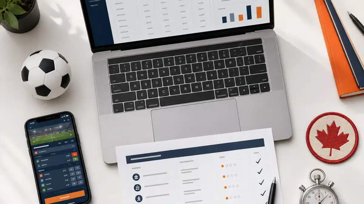 How we test and rank betting sites Reviewer's desk with laptop comparison charts, betting app, scoring checklist and stopwatch