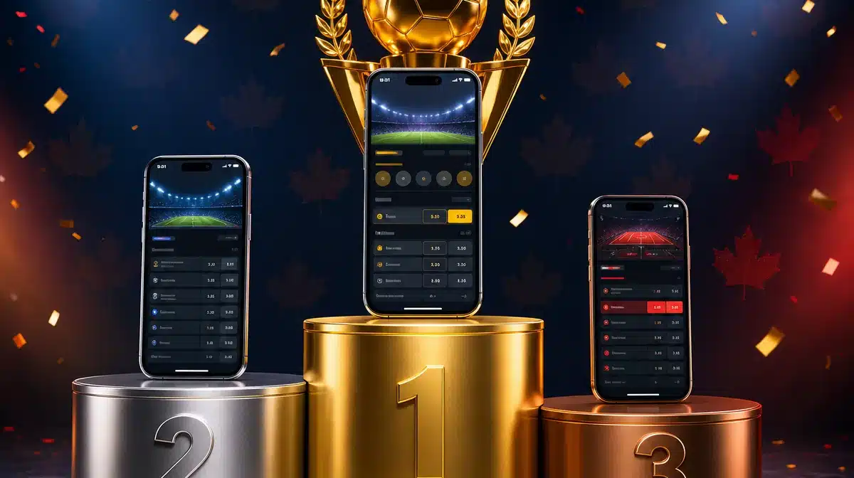 Top-ranked Canadian betting sites Podium with three betting apps ranked first, second and third under a soccer trophy