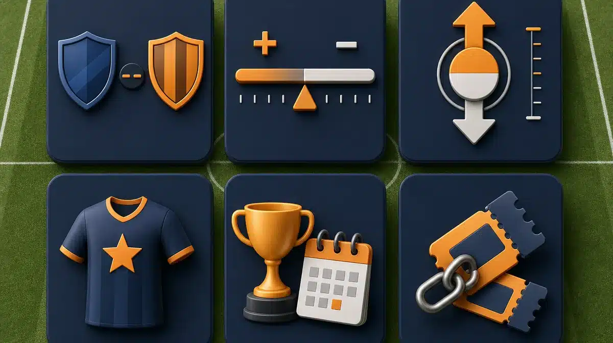 Sports betting types explained Icons for moneyline, point spread, totals, props, futures and parlay bets on a soccer pitch
