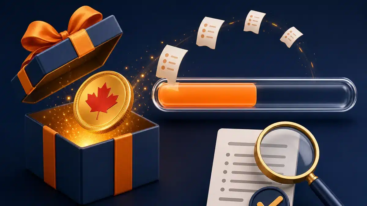 Betting bonus wagering requirements Bonus coin leaving a gift box beside a wagering progress bar and fine-print terms under a magnifying glass