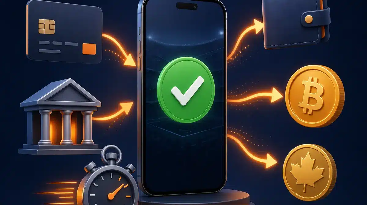 Deposits and withdrawals at Canadian betting sites Phone with payment confirmation linked to debit card, bank, e-wallet, crypto and Canadian dollar icons