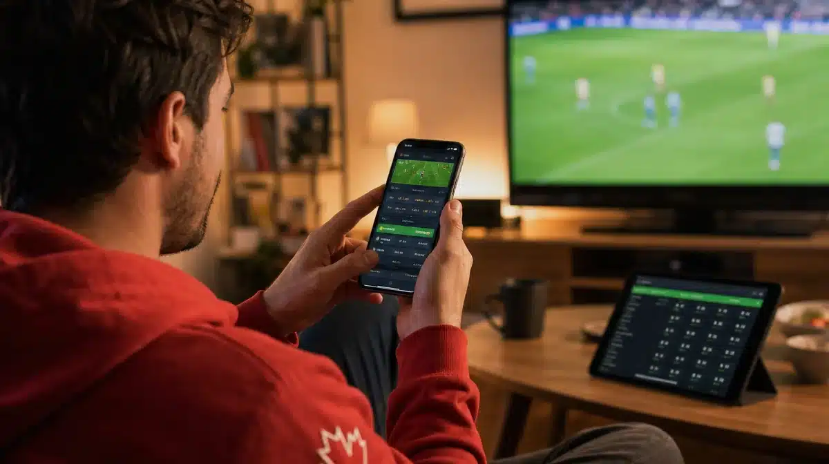 Mobile sports betting in Canada Man placing a live bet on his phone while watching a soccer match at home