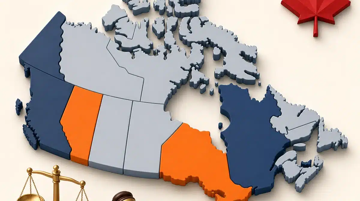 Canada provincial sports betting laws Map of Canada with Ontario and Alberta highlighted next to scales of justice