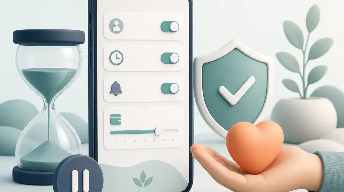 Responsible gambling tools Phone showing deposit limit and time-out settings beside an hourglass and a shield