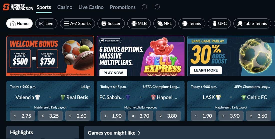 Sports Interaction sportsbook homepage and welcome bonus