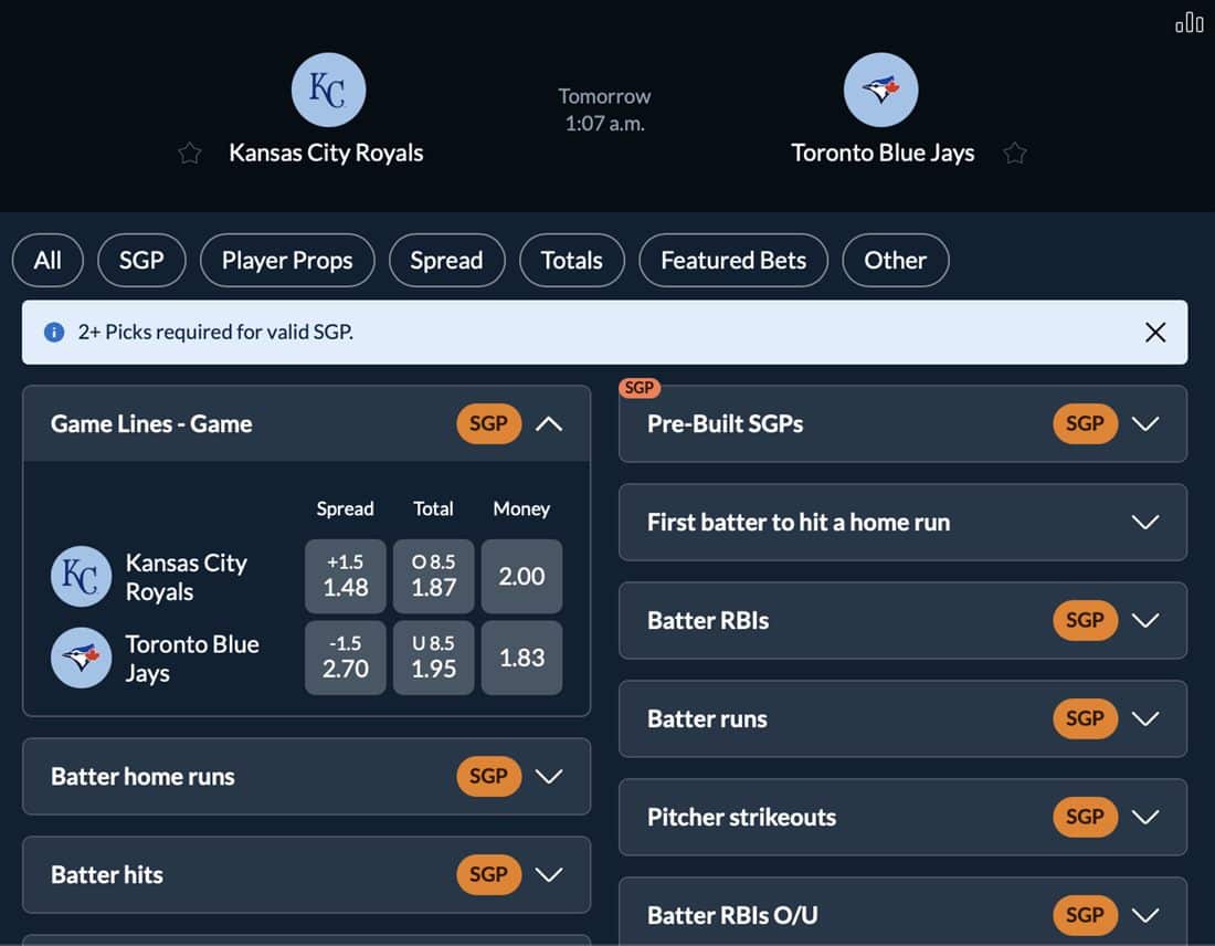 Sports Interaction MLB betting markets and same game parlay