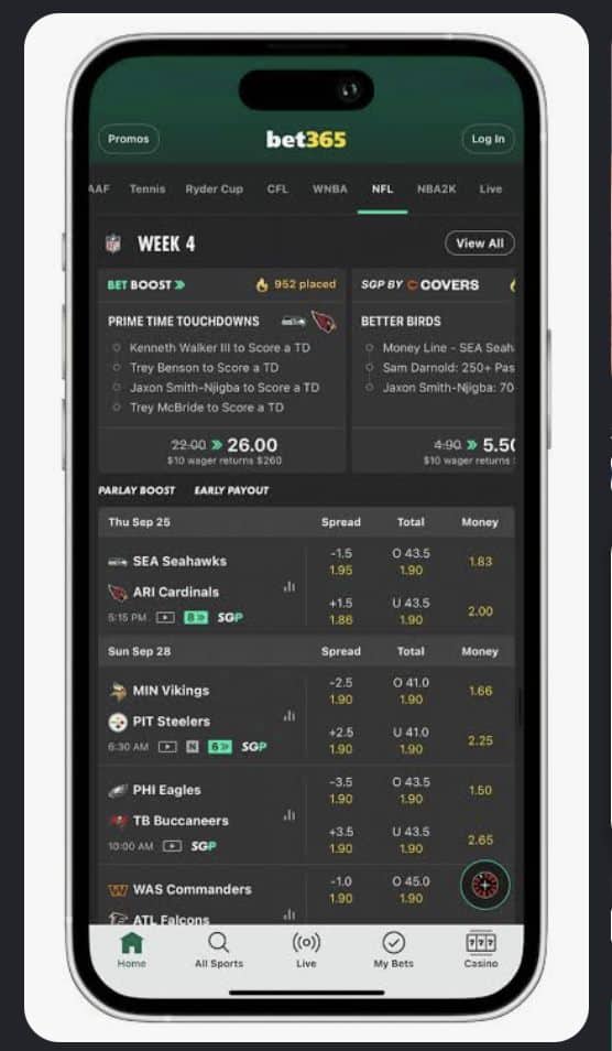 bet365 NFL betting markets, same game parlays and boosts on mobile